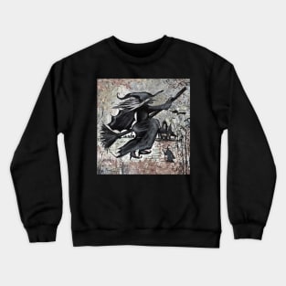 Creepy black and white scary Halloween witch on a broom Crewneck Sweatshirt